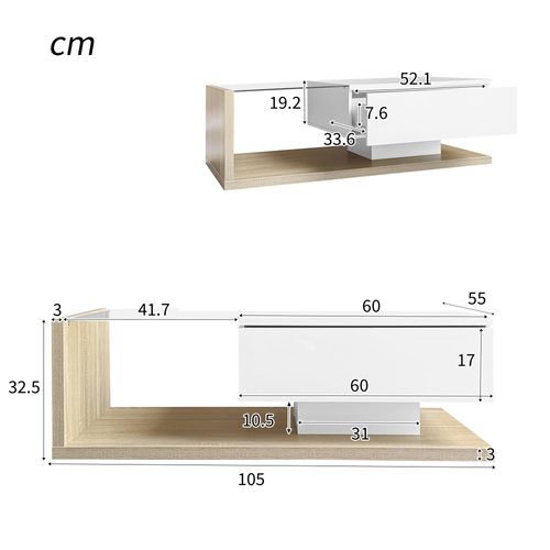 Table Basse Rectangulaire Blanc Et Bois Avec 1 Tiroir Et Éclairage LED, Plateau En Verre