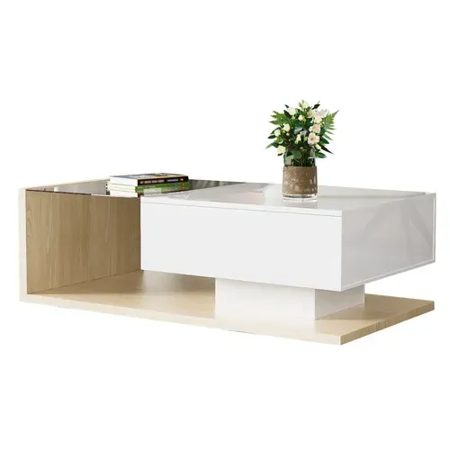 Table Basse Rectangulaire Blanc Et Bois Avec 1 Tiroir Et Éclairage LED, Plateau En Verre