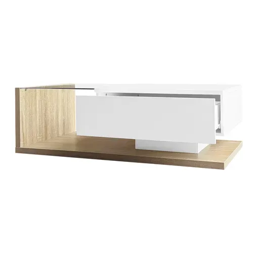 Table Basse Rectangulaire Blanc Et Bois Avec 1 Tiroir Et Éclairage LED, Plateau En Verre