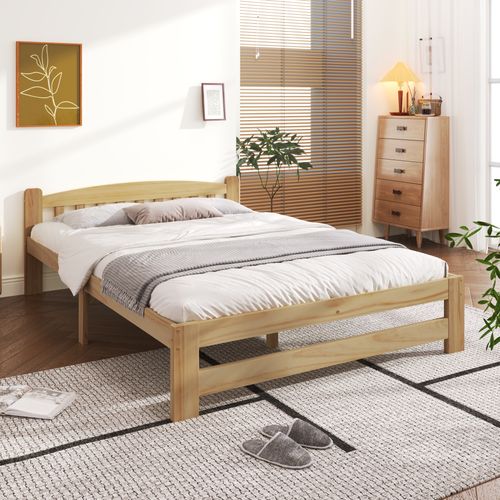 Lit Adulte 140x200 Cm 2 Places Cadre En Bois Naturel Avec Sommier à Lattes