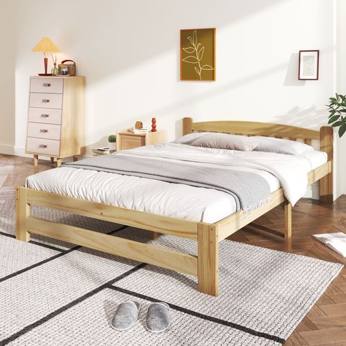 Lit Adulte 140x200 Cm 2 Places Cadre En Bois Naturel Avec Sommier à Lattes