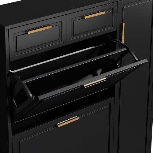Meuble à Chaussures Noir Avec 3 Portes Et 2 Tiroirs, Poignées Dorées, Compartiments Ouverts