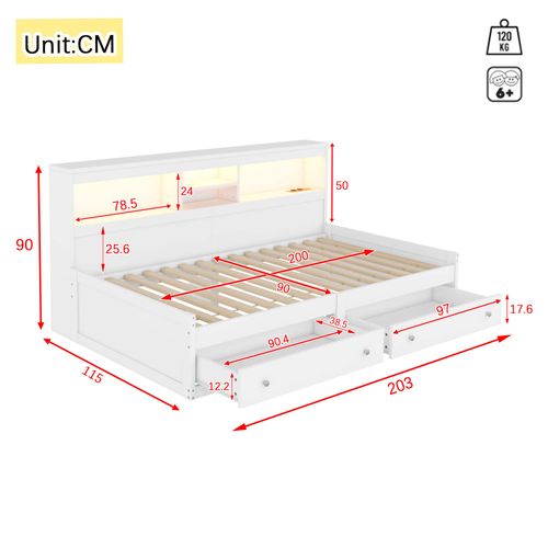 Lit Enfant 90x200 Cm Avec 2 Tiroirs, Prises USB, LED, Rangement, Mdf Blanc