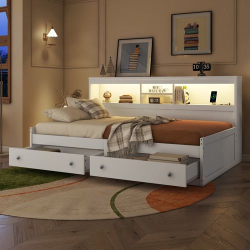 Lit Enfant 90x200 Cm Avec 2 Tiroirs, Prises USB, LED, Rangement, Mdf Blanc