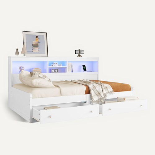 Lit Enfant 90x200 Cm Avec 2 Tiroirs, Prises USB, LED, Rangement, Mdf Blanc