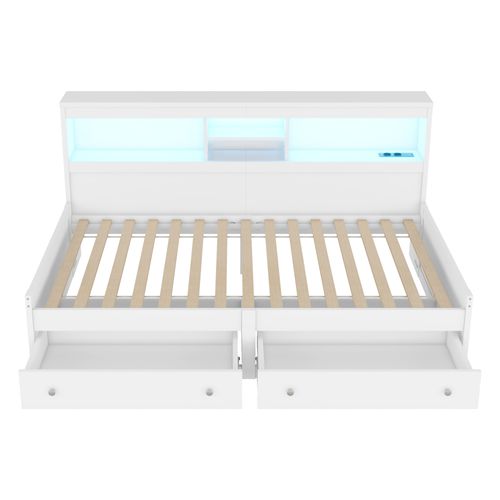 Lit Enfant 90x200 Cm Avec 2 Tiroirs, Prises USB, LED, Rangement, Mdf Blanc