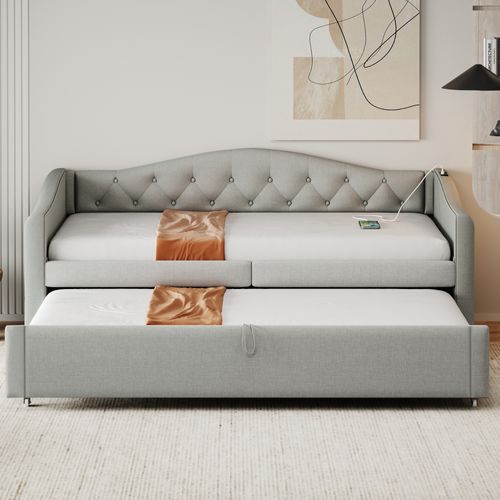 Lit Enfant Gigogne 90x200 Cm, Canapé-lit Extensible Avec Port USB Et Sommier à Lattes, Lin Gris