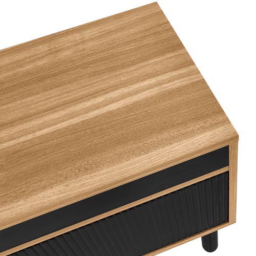 Meuble TV Noir Et Bois Avec 4 Portes, Pieds De Support Noirs, Sans Poignées, Pour Salons, Chambres