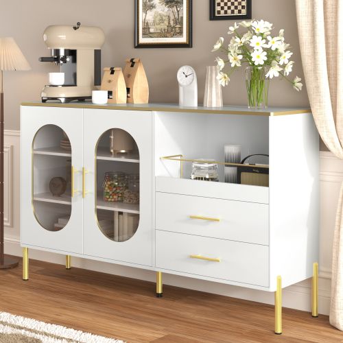 Buffet De Cuisine Blanc Avec 2 Tiroirs, 2 Portes Vitrées, Rangement Ouvert, Poignées Et Pieds Dorés