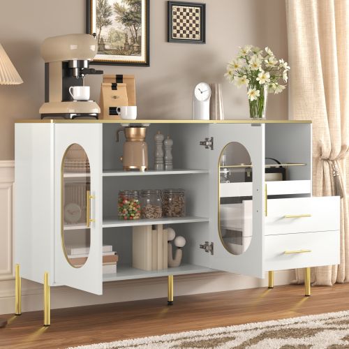 Buffet De Cuisine Blanc Avec 2 Tiroirs, 2 Portes Vitrées, Rangement Ouvert, Poignées Et Pieds Dorés