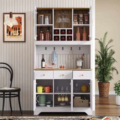 Buffet De Cuisine, Buffet Blanc Et Bois Avec 5 Portes, 3 Tiroirs, Casier à Vin Et Rangement Ouvert