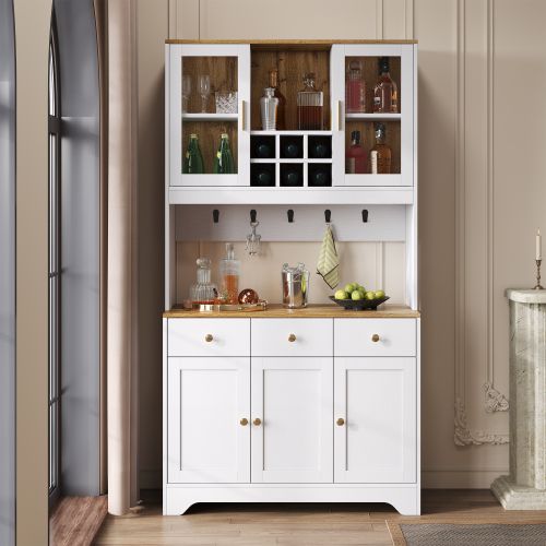 Buffet De Cuisine, Buffet Blanc Et Bois Avec 5 Portes, 3 Tiroirs, Casier à Vin Et Rangement Ouvert