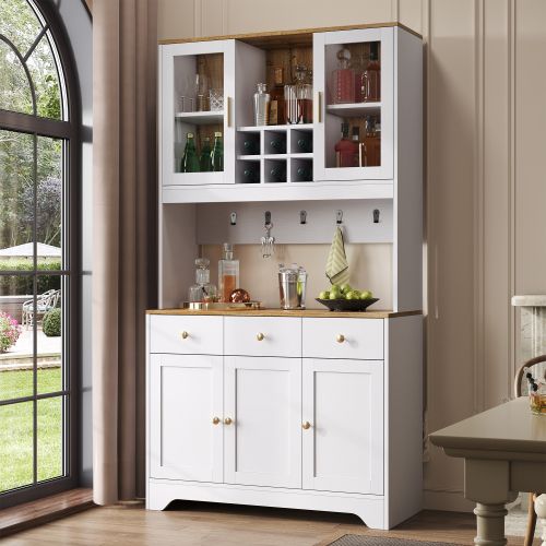 Buffet De Cuisine, Buffet Blanc Et Bois Avec 5 Portes, 3 Tiroirs, Casier à Vin Et Rangement Ouvert