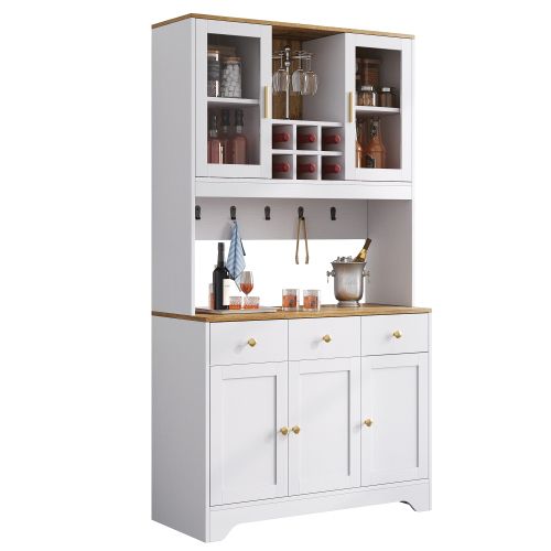 Buffet De Cuisine, Buffet Blanc Et Bois Avec 5 Portes, 3 Tiroirs, Casier à Vin Et Rangement Ouvert