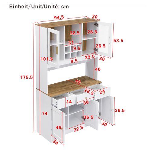 Buffet De Cuisine, Buffet Blanc Et Bois Avec 5 Portes, 3 Tiroirs, Casier à Vin Et Rangement Ouvert