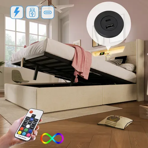 Lit Coffre Sans Fond 160x200cm, Tête De Lit V-sculptée, LED, USB + Type-c, Lin, Beige