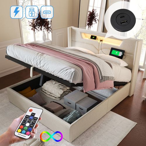 Lit Coffre Sans Fond 160x200cm, Tête De Lit V-sculptée, LED, USB + Type-c, Lin, Beige