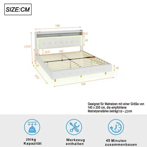 Lit 140x200 Cm, Lit Adulte LED En Lin, Ports USB-c, Tête De Lit Avec Étagères, Sommier, Beige