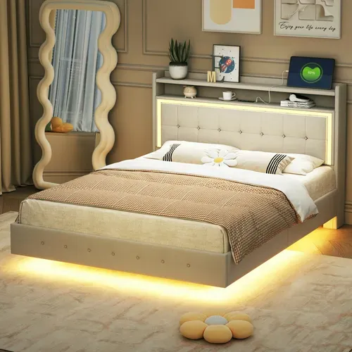 Lit 140x200 Cm, Lit Adulte LED En Lin, Ports USB-c, Tête De Lit Avec Étagères, Sommier, Beige