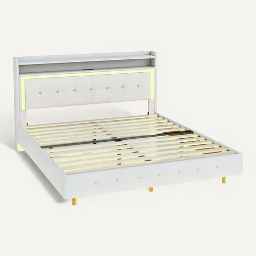 Lit 140x200 Cm, Lit Adulte LED En Lin, Ports USB-c, Tête De Lit Avec Étagères, Sommier, Beige
