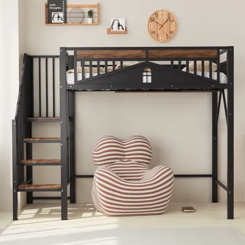 Lit Mezzanine 90x200 Cm Avec Escaliers, Barrières Sécurisées, Sommier, En Métal Noir
