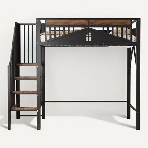 Lit Mezzanine 90x200 Cm Avec Escaliers, Barrières Sécurisées, Sommier, En Métal Noir