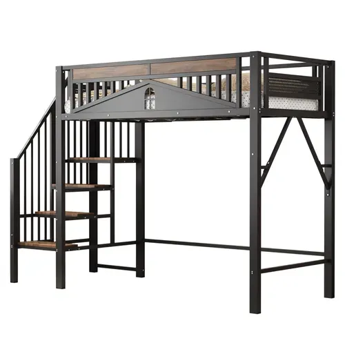 Lit Mezzanine 90x200 Cm Avec Escaliers, Barrières Sécurisées, Sommier, En Métal Noir