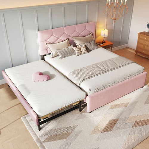 Lit Adulte 140x200 Cm Extensible, Lit Enfant Gigogne, Velours Rose, Tête De Lit Et Sommiers