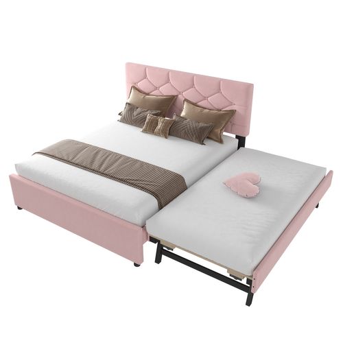 Lit Adulte 140x200 Cm Extensible, Lit Enfant Gigogne, Velours Rose, Tête De Lit Et Sommiers