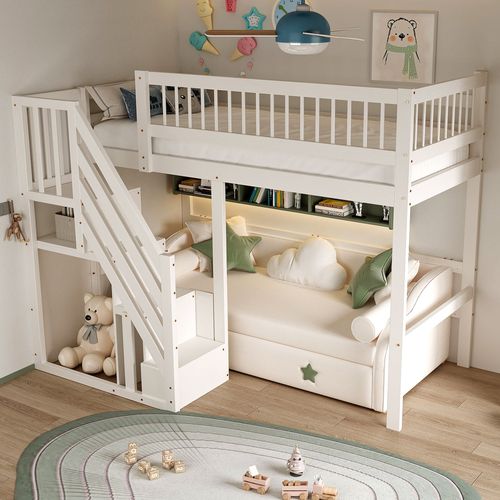 Lit Mezzanine 90x200 Cm En Bois Avec Escalier De Rangement, Placards ...