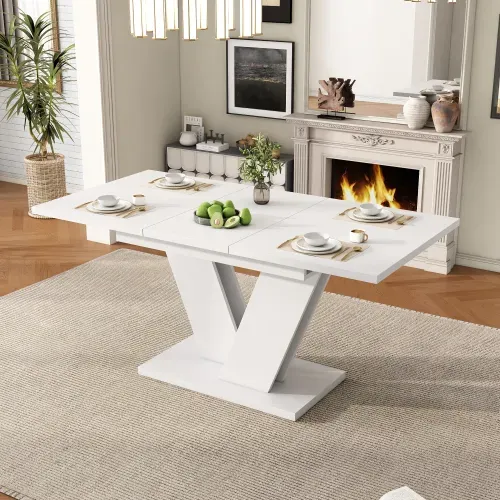 Table à Manger Rectangulaire Extensible Avec Plateau Épais, Base De Support En V, Blanche