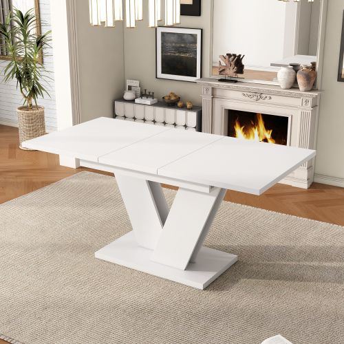 Table à Manger Rectangulaire Extensible Avec Plateau Épais, Base De Support En V, Blanche
