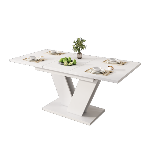 Table à Manger Rectangulaire Extensible Avec Plateau Épais, Base De Support En V, Blanche