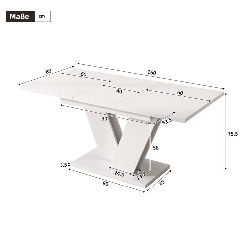 Table à Manger Rectangulaire Extensible Avec Plateau Épais, Base De Support En V, Blanche