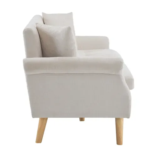 Canapé 2 Places En Tissu Chenille Beige Doux Avec Pieds En Bois Pour Petit Salon