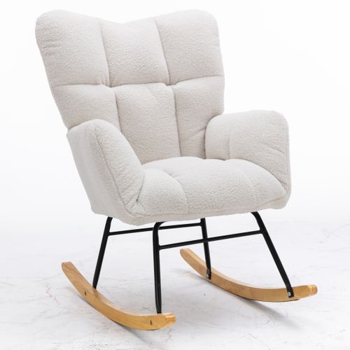 Fauteuil à Bascule Rocking-chair, Cofort,design Simple,mousse,bois,métal ,tissu Teddy,blanc