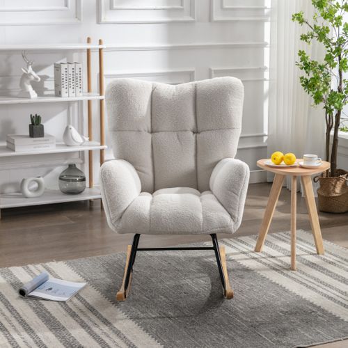 Fauteuil à Bascule Rocking-chair, Cofort,design Simple,mousse,bois,métal ,tissu Teddy,blanc
