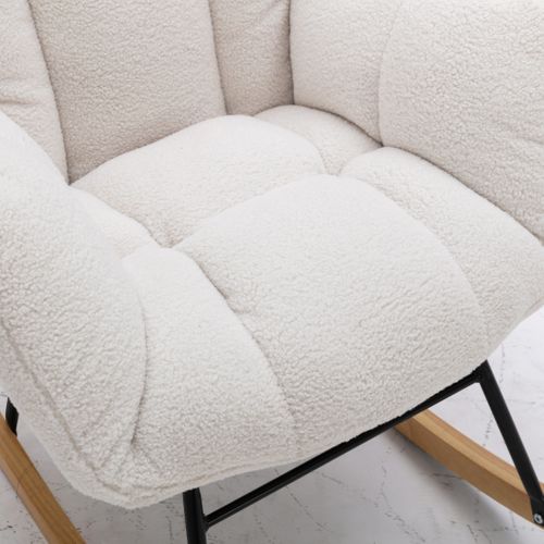 Fauteuil à Bascule Rocking-chair, Cofort,design Simple,mousse,bois,métal ,tissu Teddy,blanc