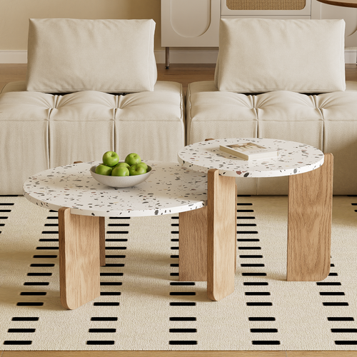 Tables Basses Gigognes Rondes Paris EMIDECO - Lot De 2 Bois Clair Pieds Métal Noir - Tables Emboîtables Style Industriel Moderne