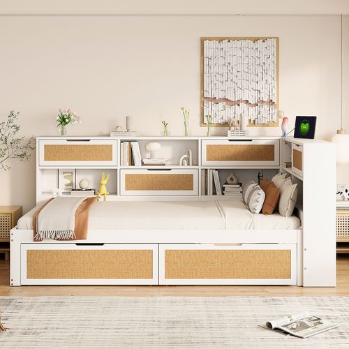 Lit 90x200 Cm Avec Rangement, 2 Tiroirs Et Prises Intégrées – Bois Blanc, Sommier Inclus