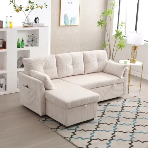 Canapé Convertible 3 Places Extensible Moderne 206x130x66/88cm Avec Assise Coffre, Tissu, Beige