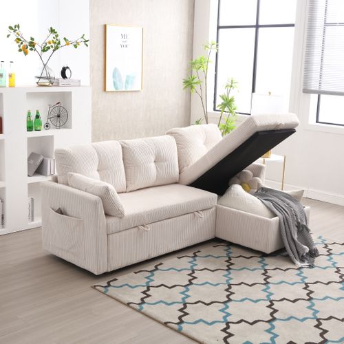 Canapé Convertible 3 Places Extensible Moderne 206x130x66/88cm Avec Assise Coffre, Tissu, Beige