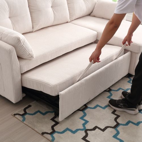 Canapé Convertible 3 Places Extensible Moderne 206x130x66/88cm Avec Assise Coffre, Tissu, Beige