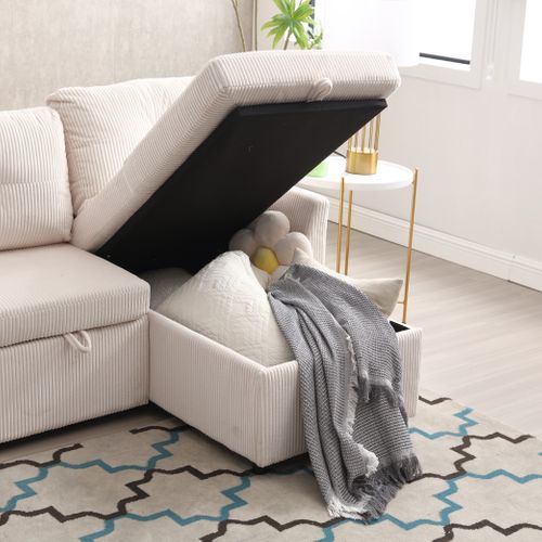Canapé Convertible 3 Places Extensible Moderne 206x130x66/88cm Avec Assise Coffre, Tissu, Beige
