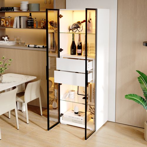 Vitrine Blanche LED H.160cm Avec 2 Portes Et 2 Tiroirs, Armoire Vitrée, 6 Niveaux De Rangement