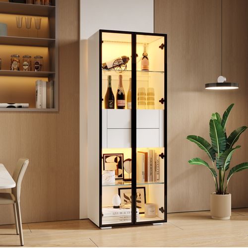 Vitrine Blanche LED H.160cm Avec 2 Portes Et 2 Tiroirs, Armoire Vitrée, 6 Niveaux De Rangement