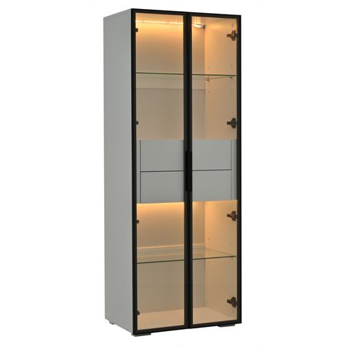 Vitrine Blanche LED H.160cm Avec 2 Portes Et 2 Tiroirs, Armoire Vitrée, 6 Niveaux De Rangement