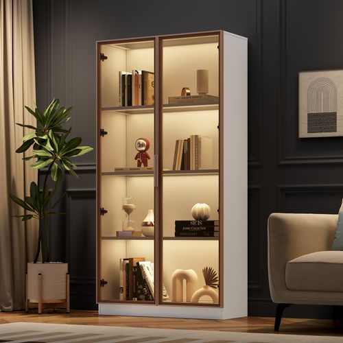 Vitrine Blanc LED En Verre H.160cm, 2 Portes Vitrées Et Étagères Réglables, Design Moderne