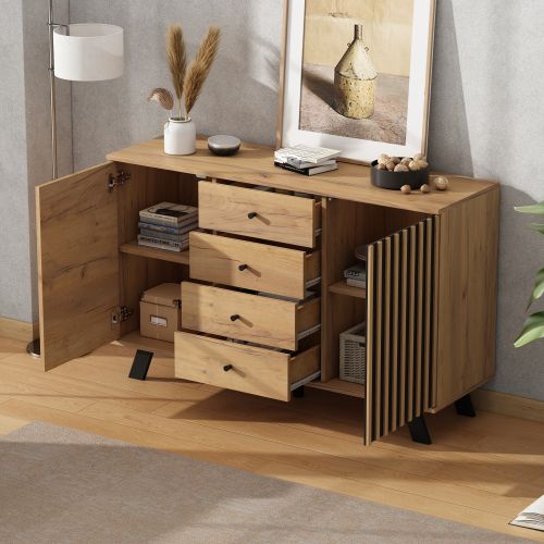 Buffet De Salon, Buffet Bois Avec 4 Tiroirs, 2 Portes, 5 Pieds Noir