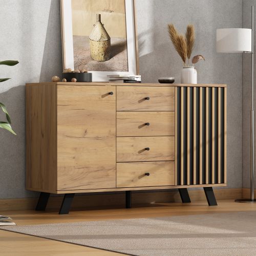 Buffet De Salon, Buffet Bois Avec 4 Tiroirs, 2 Portes, 5 Pieds Noir